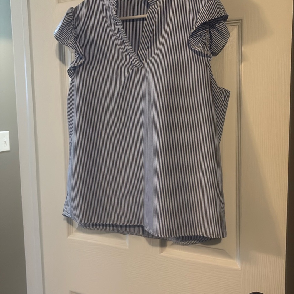 Women’s Blue & White Striped Sleeveless Ruffle Top